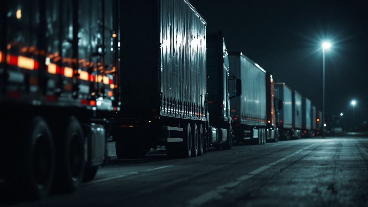 A row of parked tractor-trailers at a truck stop at night