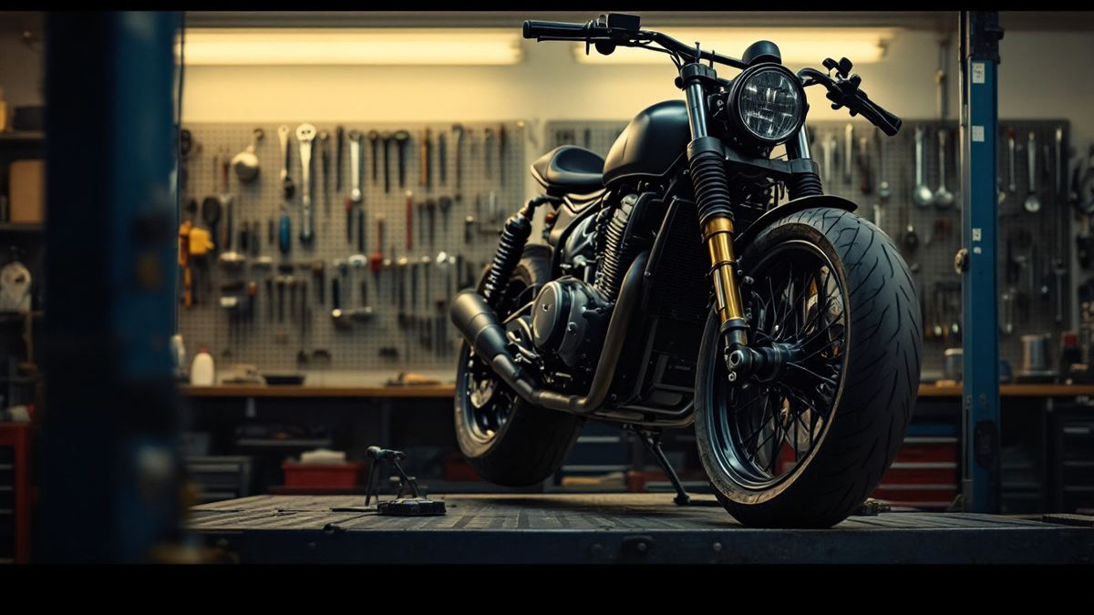 A motorcycle in a service bay before a wall of hand tools