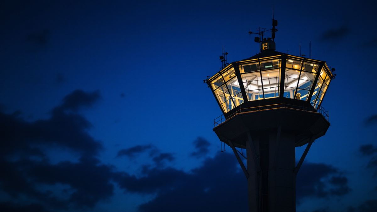 An airport control tower cab lit against a dusk sky