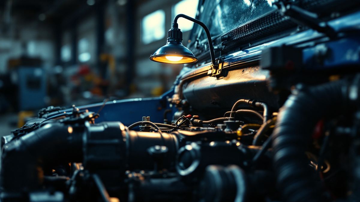 The open engine bay of a heavy truck under an inspection lamp