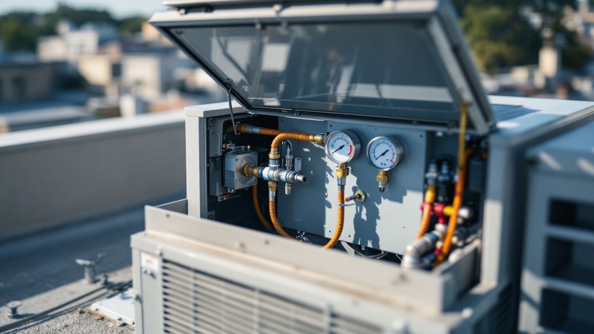 A rooftop HVAC unit with its access panel open and gauges fitted