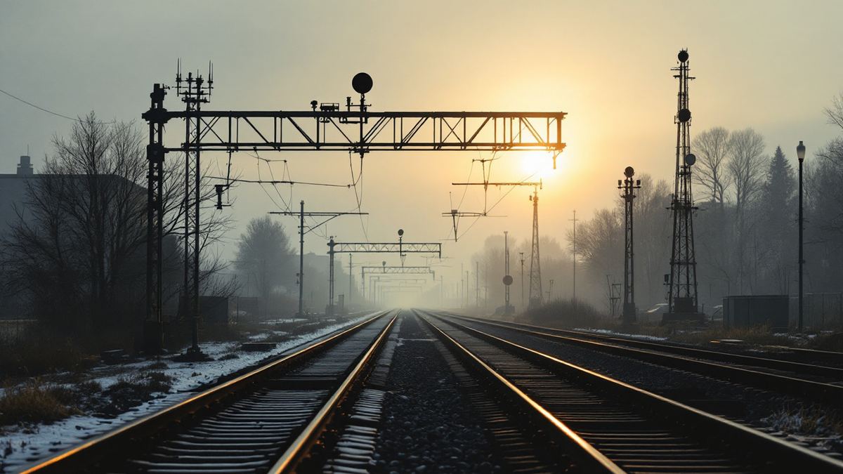 A rail yard at dawn with switch points and signal gantries