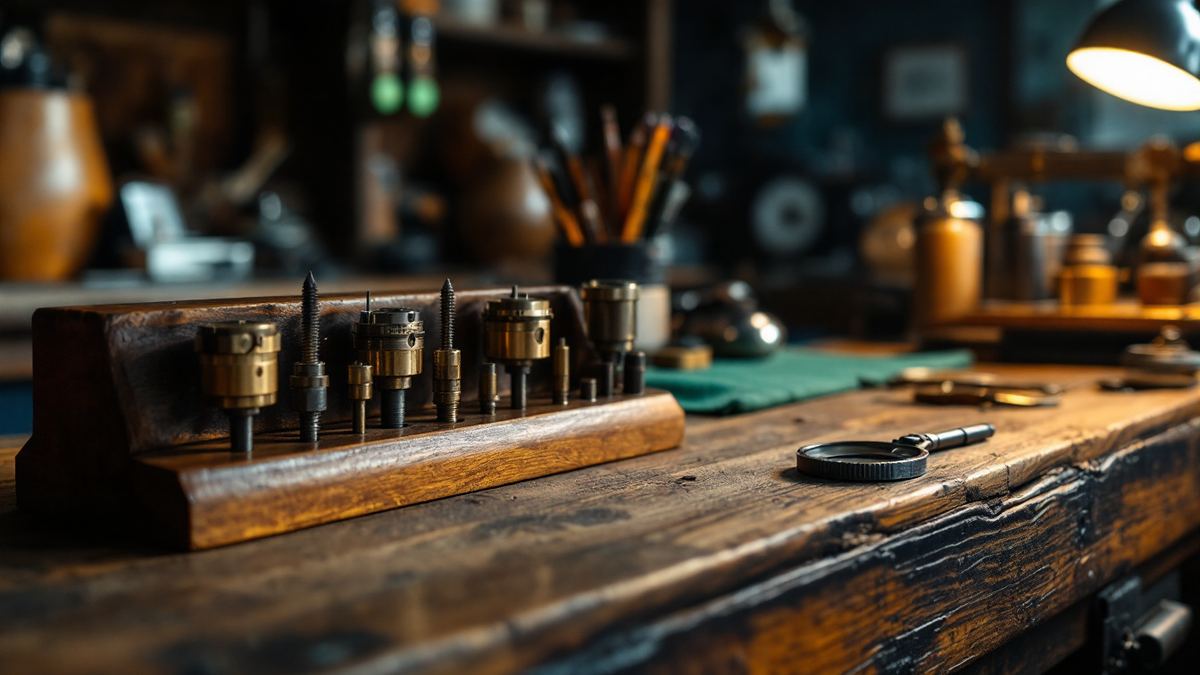 A watchmaker's workshop bench with movement holders and fine screwdrivers under a warm lamp