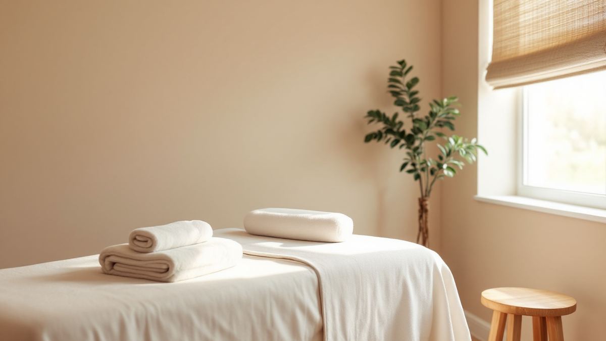 A massage therapy treatment room with a linen-draped table and folded towels