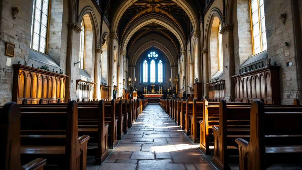 The empty nave of a stone parish church looking toward the altar