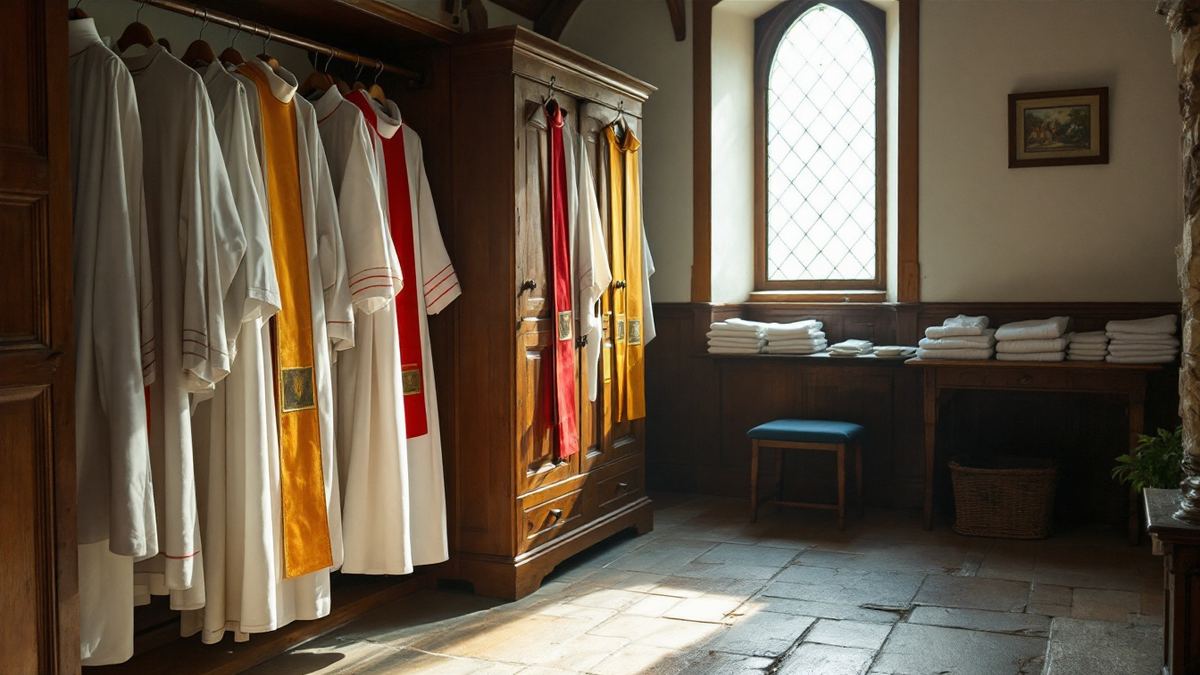 A church vestry with white surplices and coloured stoles hanging on a rail