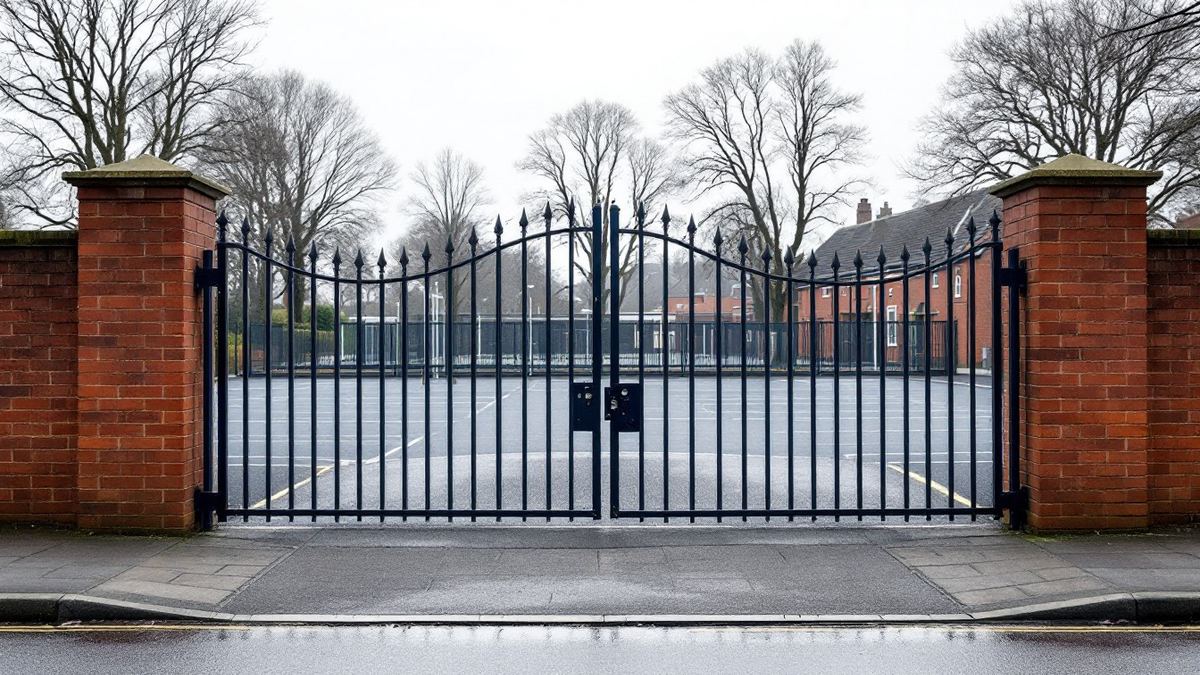 The closed front gates of a brick primary school seen from the pavement