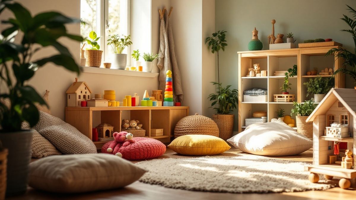 A child play therapy room with low shelves of wooden toys and floor cushions