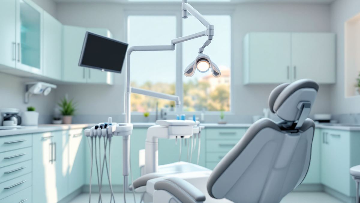 A dental operatory with the treatment chair reclined under an examination lamp