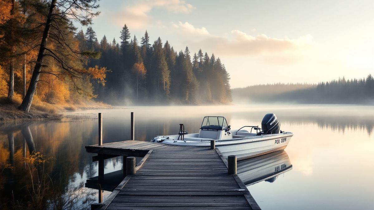 A small patrol boat moored at a wooden jetty on a misty forest lake at first light