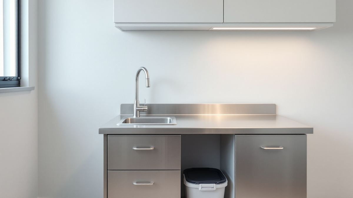 A stainless clinical preparation counter with a sink in a treatment room