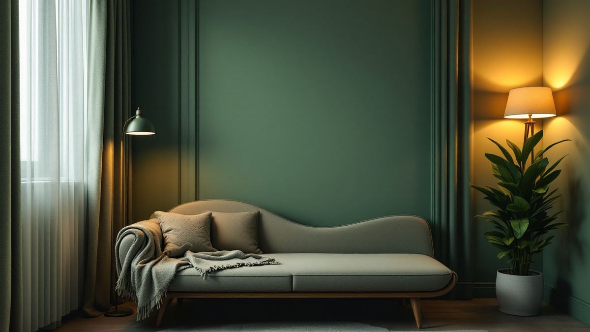 A psychotherapy consulting room with a low couch, floor lamp and drawn curtains