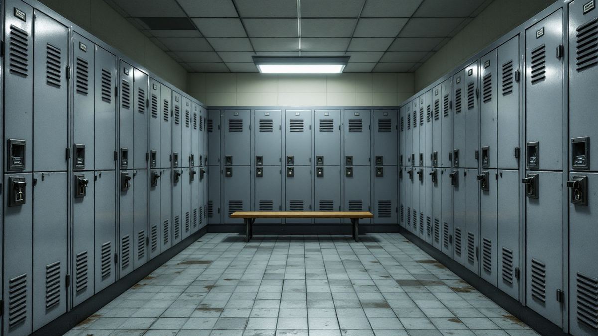 A police station locker room with tall grey lockers and a wooden bench