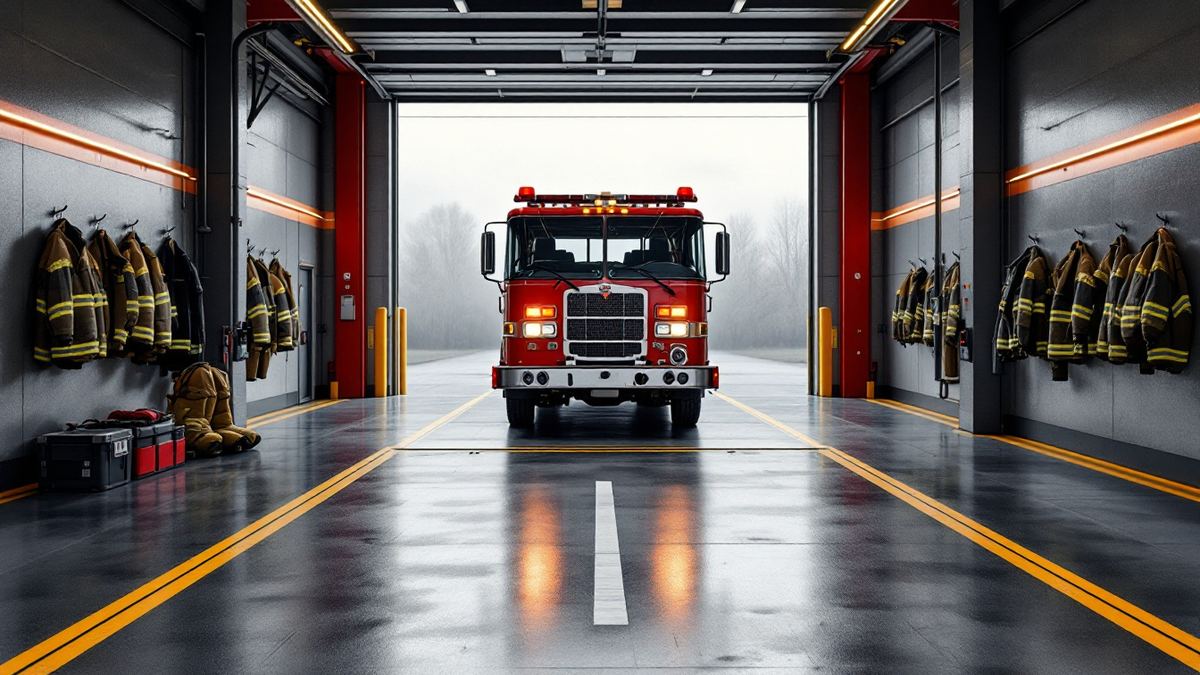 A fire station apparatus bay with the engine in and turnout gear on the wall