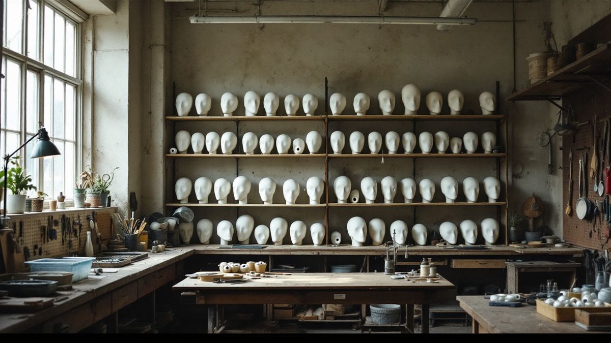 Shelves of blank white taxidermy forms and tools in a workshop store room