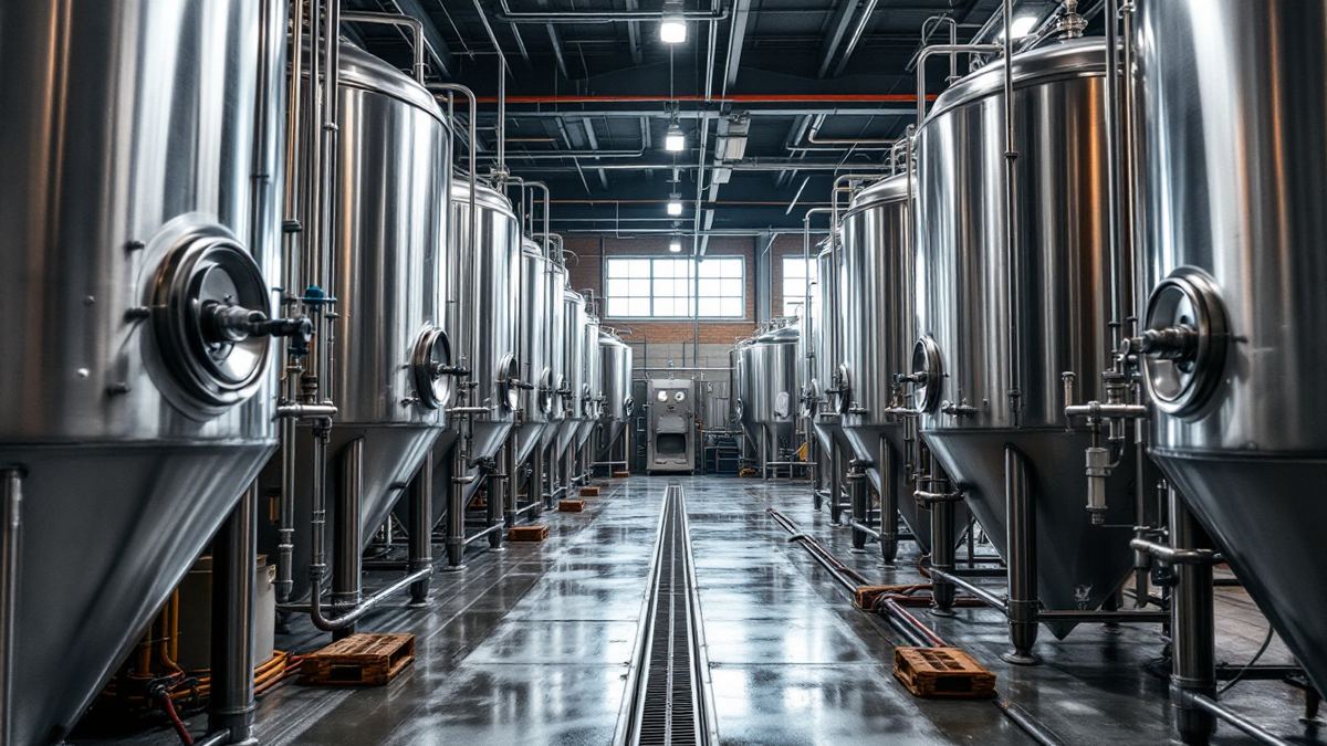 A craft brewery cellar with a row of stainless conical fermenters