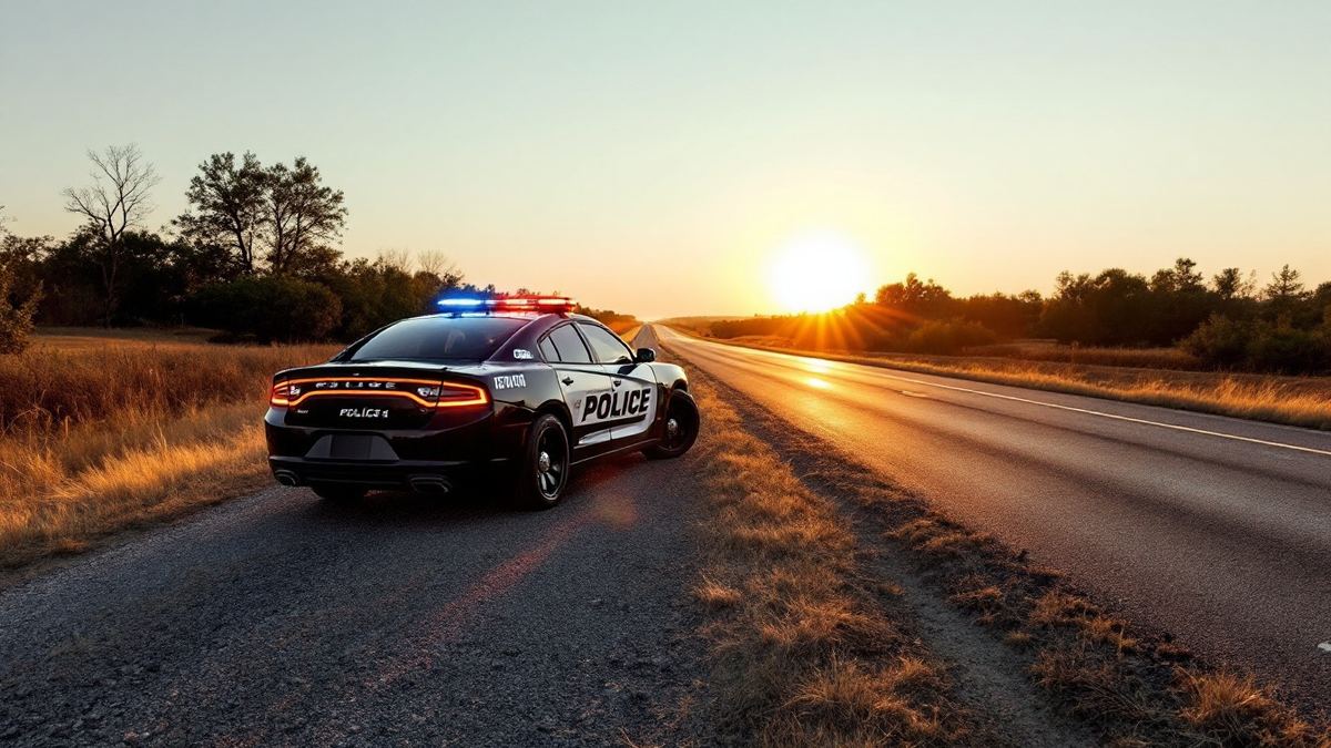 A patrol cruiser parked on the shoulder of an empty rural highway at dawn
