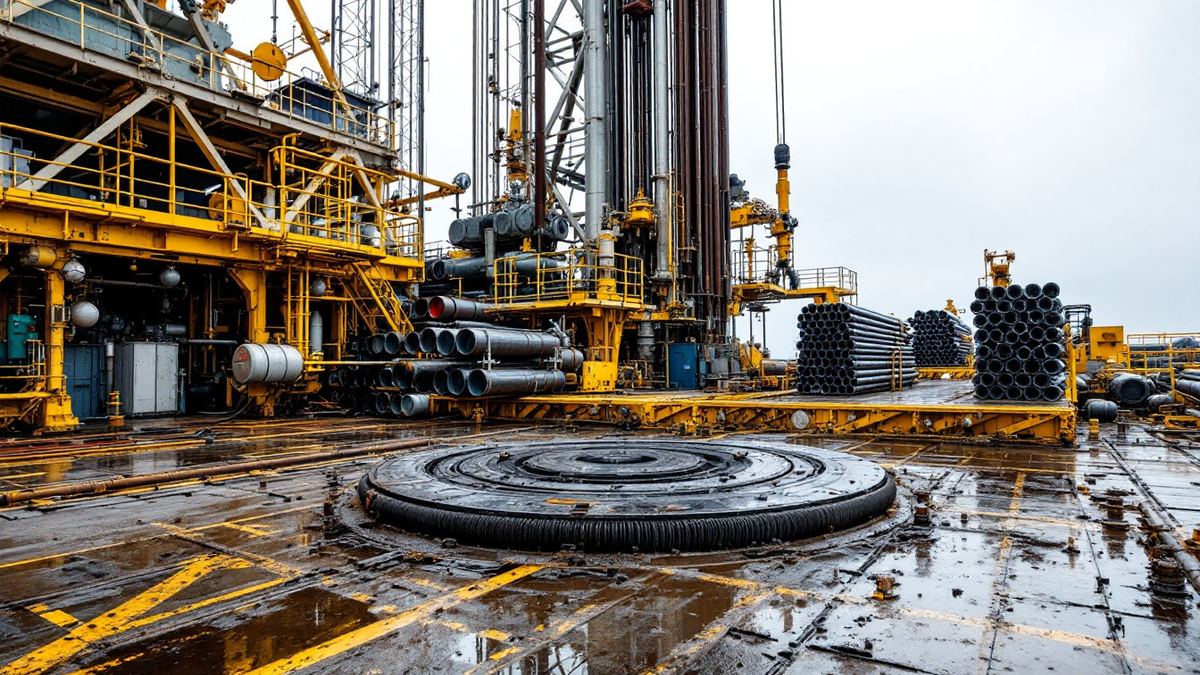 The drill floor of an onshore drilling rig with racked pipe in the derrick