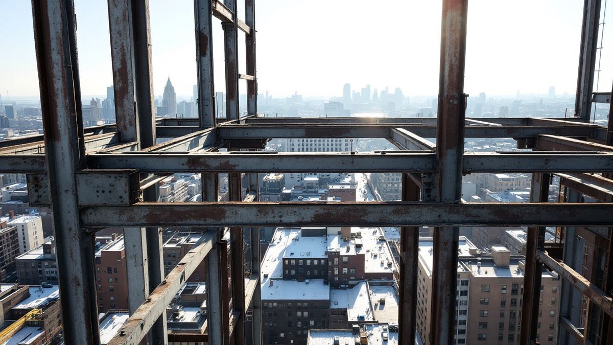 The unfinished steel frame of a high rise with city rooftops far below