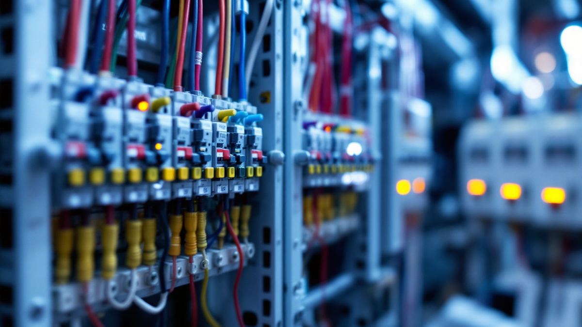 An open industrial electrical distribution panel with coloured conductors on breakers