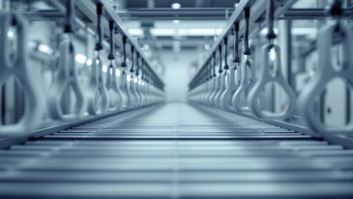 Steel parts hanging from an overhead conveyor rail in a powder coating plant