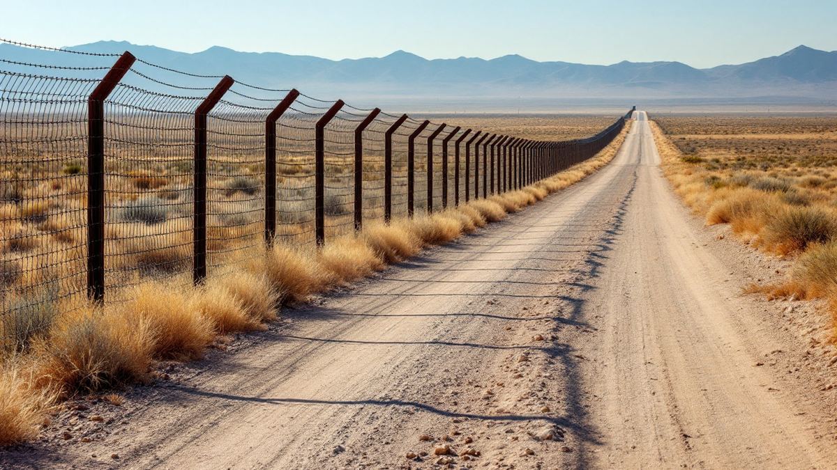 A steel bollard border fence running across open desert scrub toward distant hills