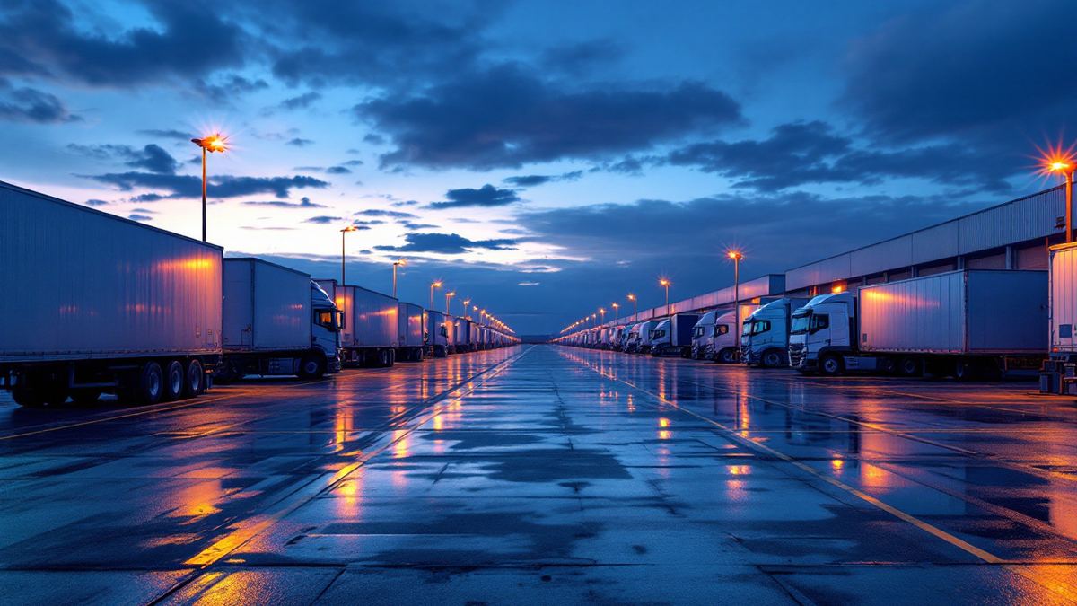 A freight terminal yard at dusk with rows of trailers at loading docks