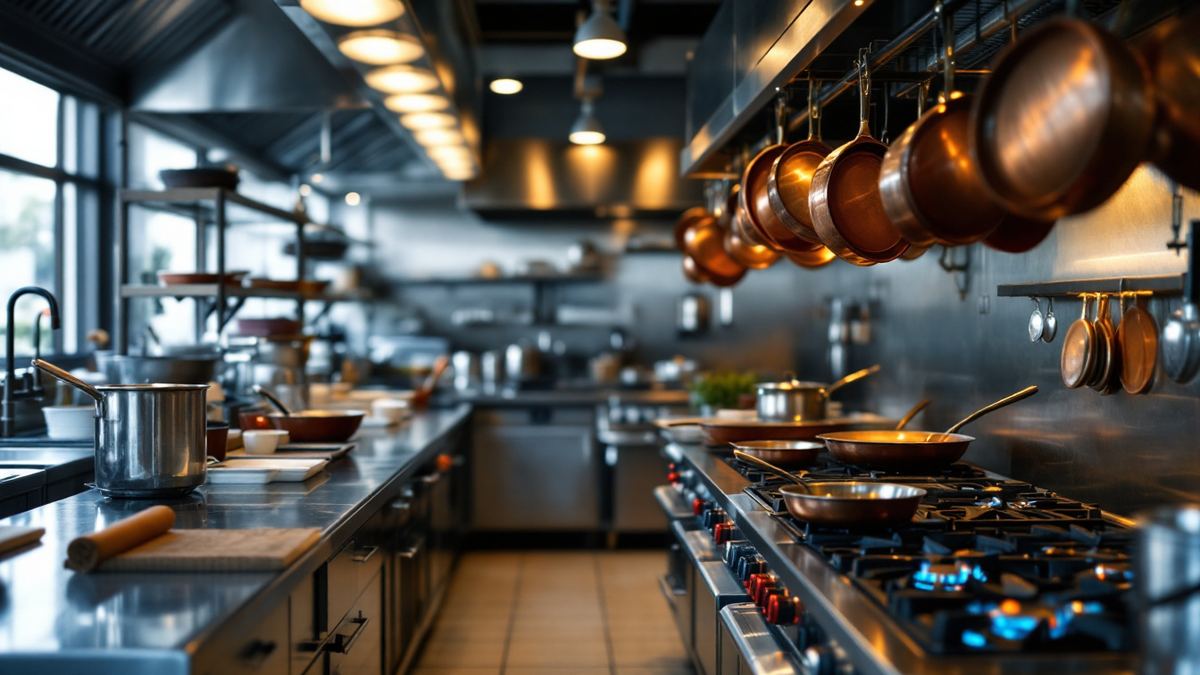 A professional restaurant kitchen with a stainless pass and copper pans on a rail