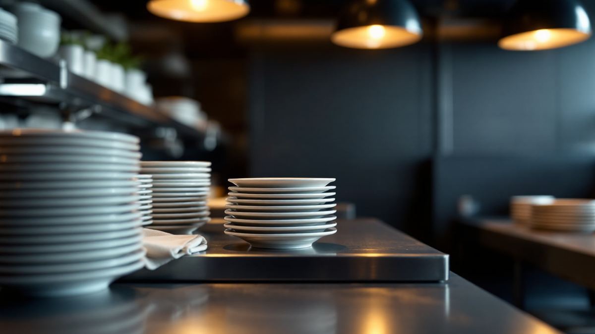 A restaurant kitchen service pass under heat lamps with stacked warm plates