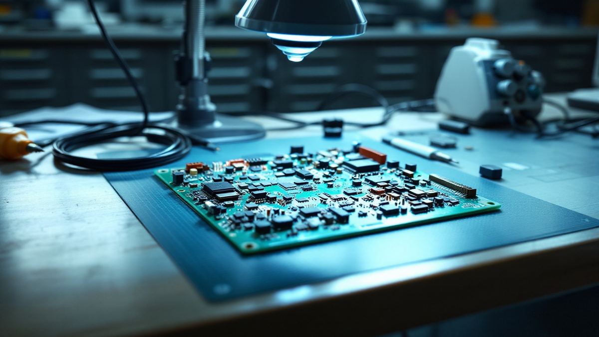 An electronics laboratory bench with a bare circuit board under a magnifier lamp