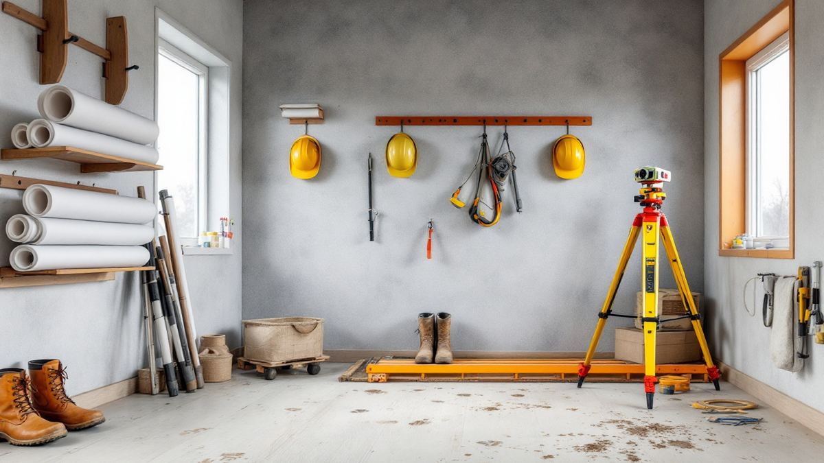 A civil engineering site cabin with rolled drawings, hard hats and a survey tripod