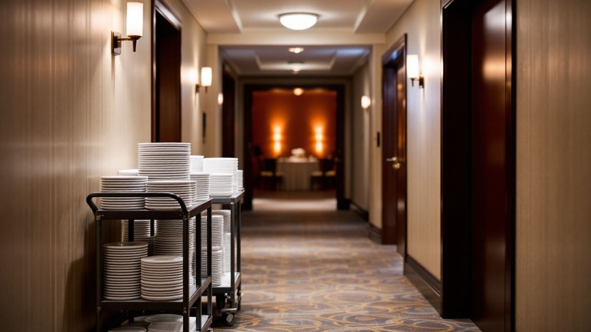 A hotel banquet service corridor with a trolley of stacked plate covers