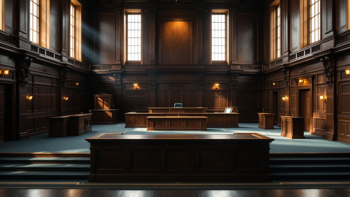 An empty courtroom seen from the public gallery with the judge's bench in dark timber