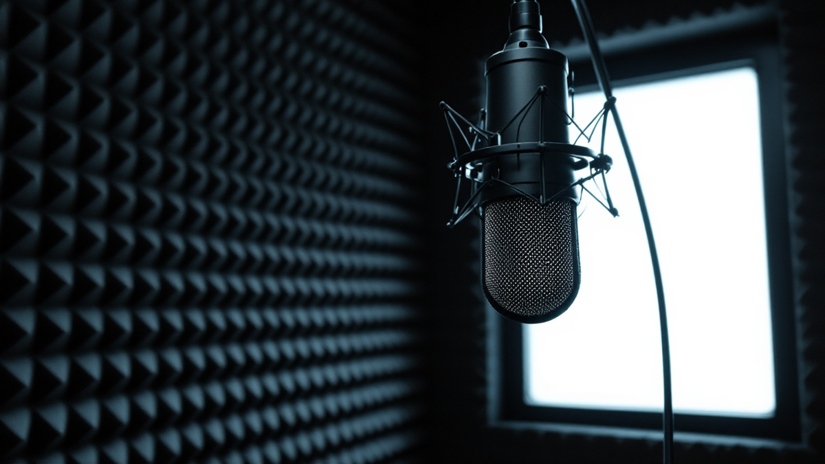 A condenser microphone on a boom arm inside an acoustically treated recording booth