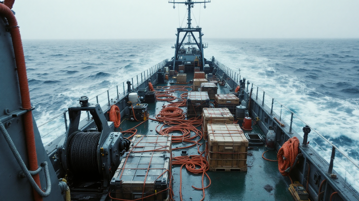 Working deck of a research vessel at sea, winch, coiled rope and lashed equipment crates