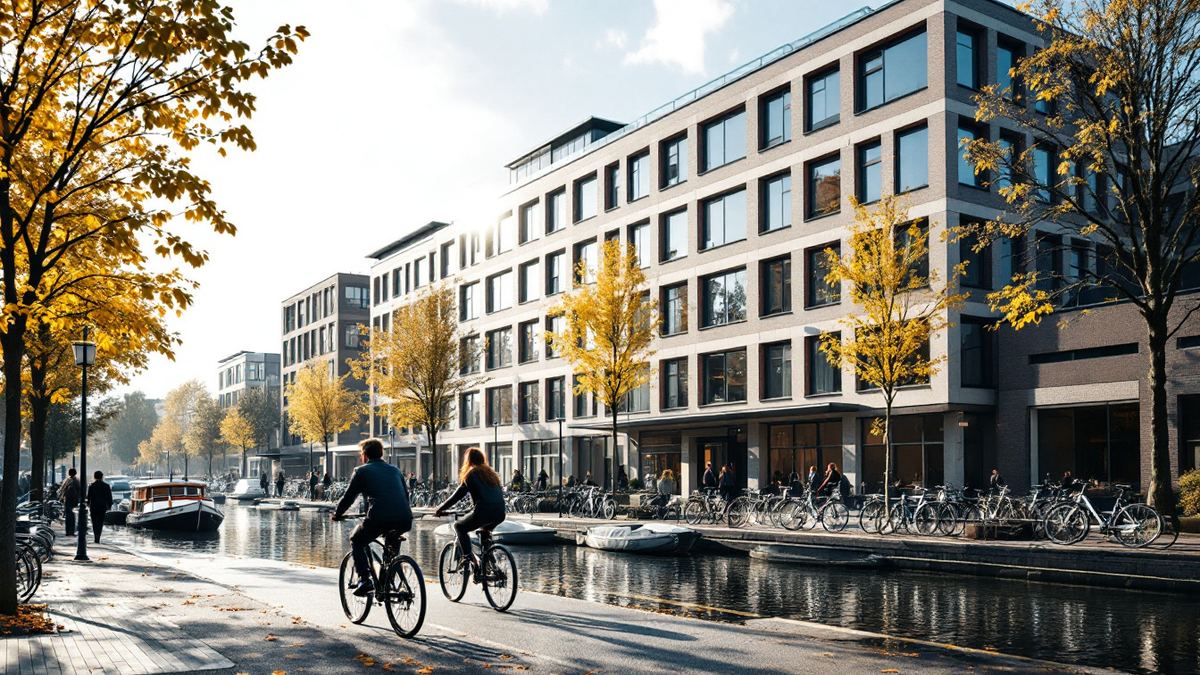 Amsterdam canal-side office, bikes and cyclists passing