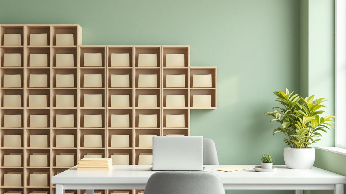 A human resources office with wooden pigeonholes, personnel folders and a closed laptop