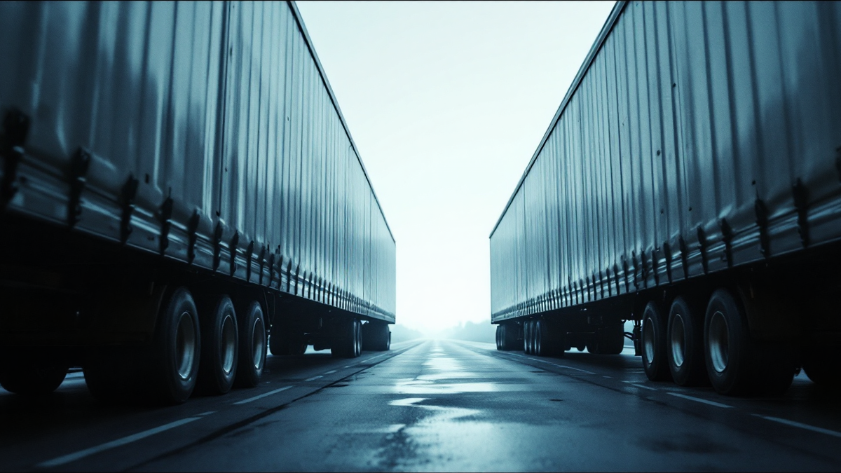 Two parked articulated lorry trailers seen from the gap between them in a haulage yard at dawn