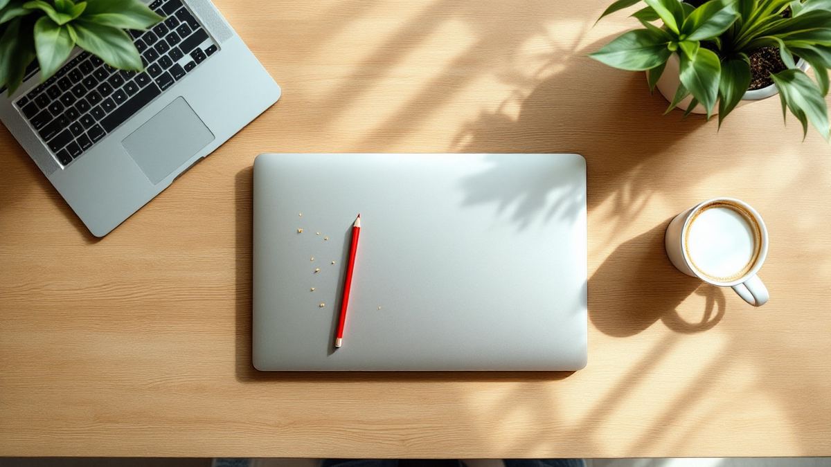 A closed laptop with a red editing pencil on a light oak desk beside a cup of coffee