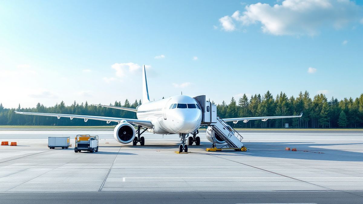 A white regional jet parked at an airport stand with ground service equipment
