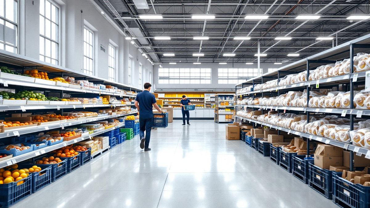 A bright new supermarket aisle with store staff in navy polos stocking shelves
