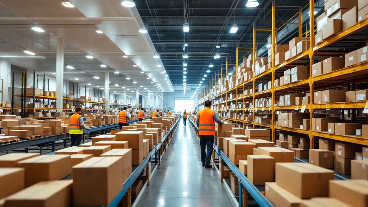 Seasonal workers in hi-vis vests sorting parcels on conveyor belts in a large warehouse