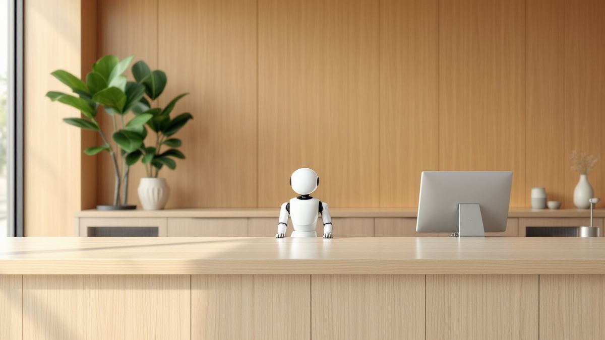 A small white service robot standing at a timber counter in a bright bank branch