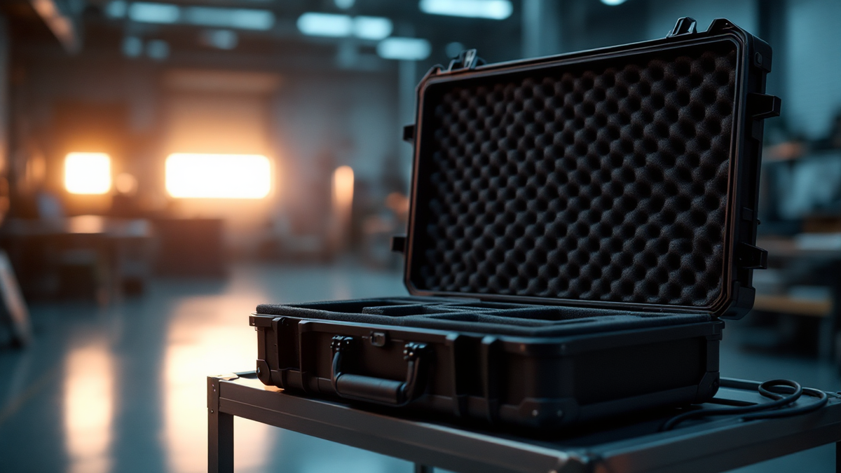 An open equipment flight case with empty foam cut-outs on a steel trolley in a darkened hardware test lab