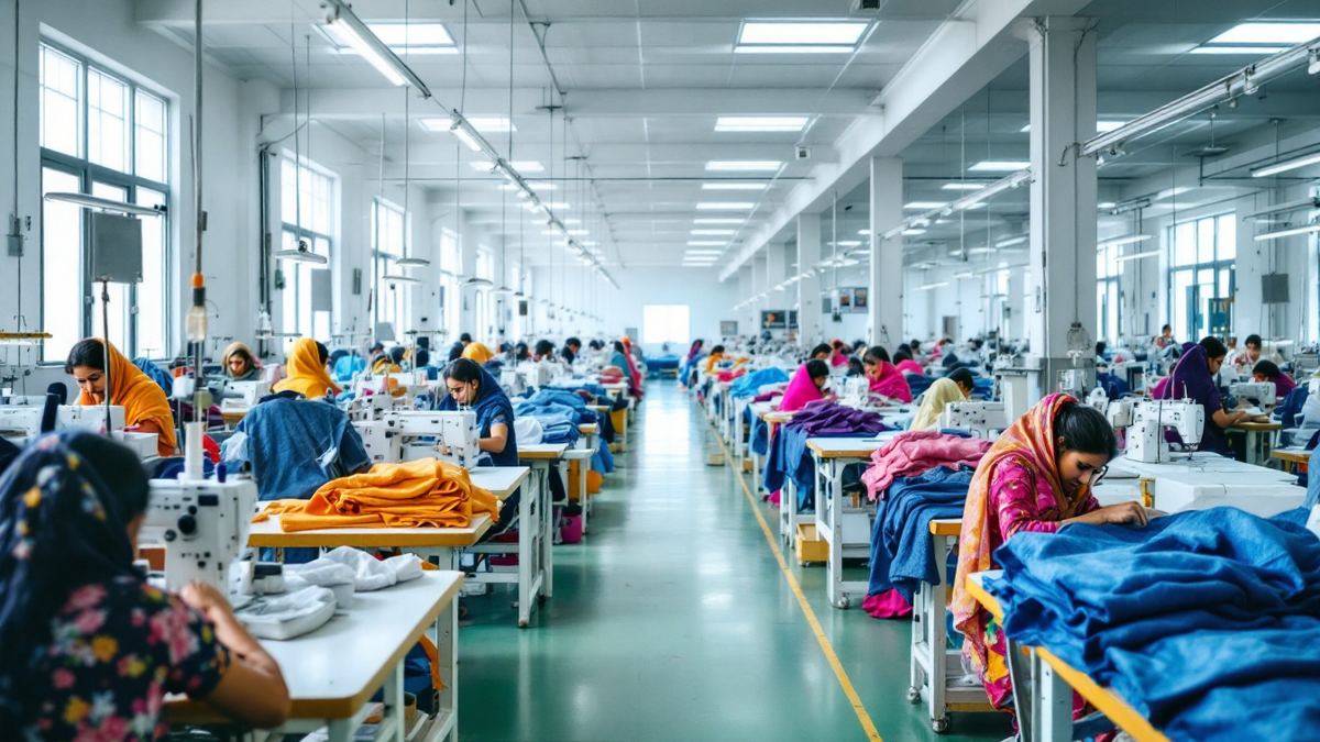 A bright garment factory with rows of sewing machines and women workers in the distance