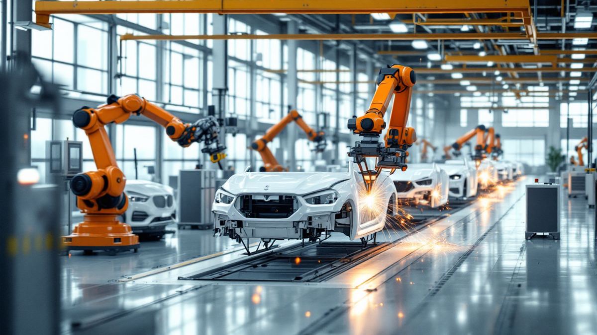 Robots welding SUV body shells on a bright car assembly line