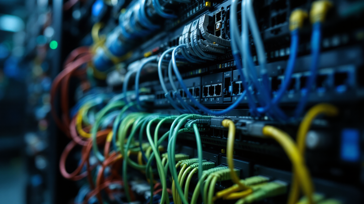 A dense network patch panel with looping cables