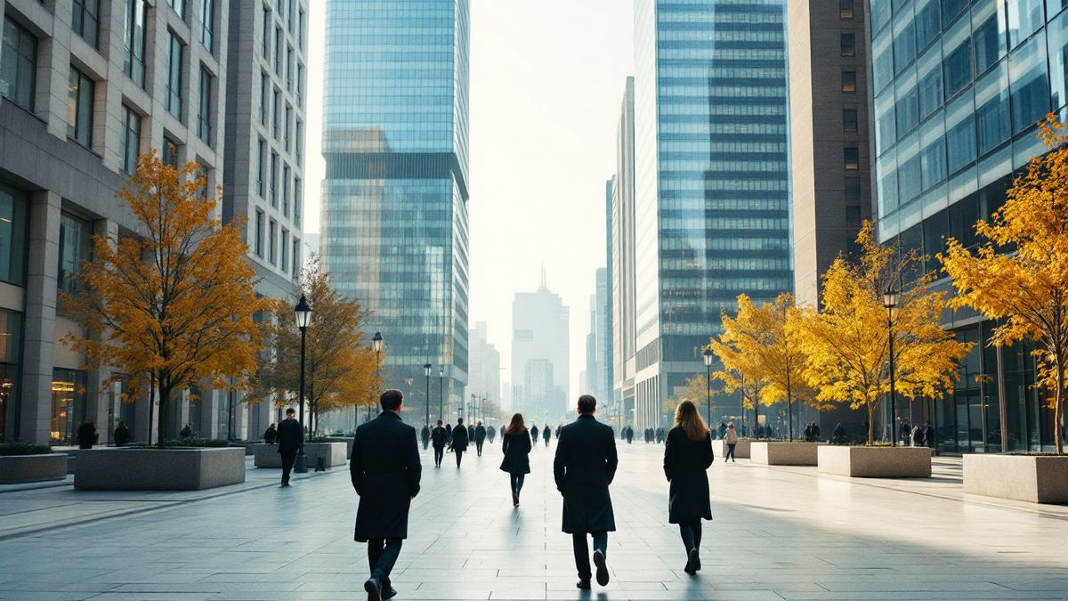 Office workers in dark coats walking across a business plaza toward glass towers on an autumn morning in London