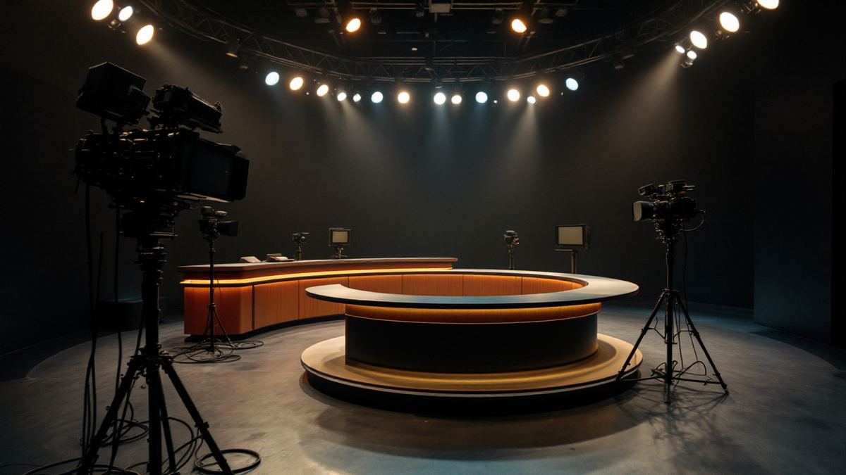 A quiet television studio with broadcast cameras around a curved presenter desk