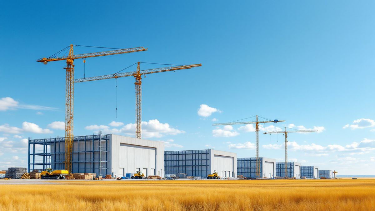 Tower cranes and steel frames at a data centre construction site on the Saskatchewan prairie